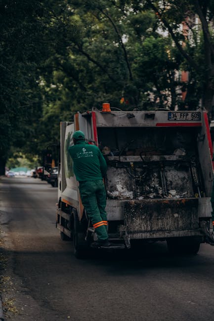A sanitation worker wearing a green uniform with reflective orange stripes is seen from behind, standing on the driveway of a residential street, operating a large commercial rubbish collection vehicle with its rear hatch open. The vehicle appears to be a waste collection truck with a predominantly white body and red accents, showing signs of dirt and use on the rear loading area. Tall trees with lush green foliage line both sides of the street, creating a shaded environment. Other vehicles are parked along the curb further down the road, with a few glimpses of residential buildings partially obscured by the trees. The scene suggests a routine rubbish collection, possibly part of an independent waste management service like Rubbish Collection Acton, highlighting a typical urban setting for rubbish removal that emphasizes professionalism, waste handling, and environmental responsibility, consistent with locally provided rubbish disposal and alternative waste handling options.